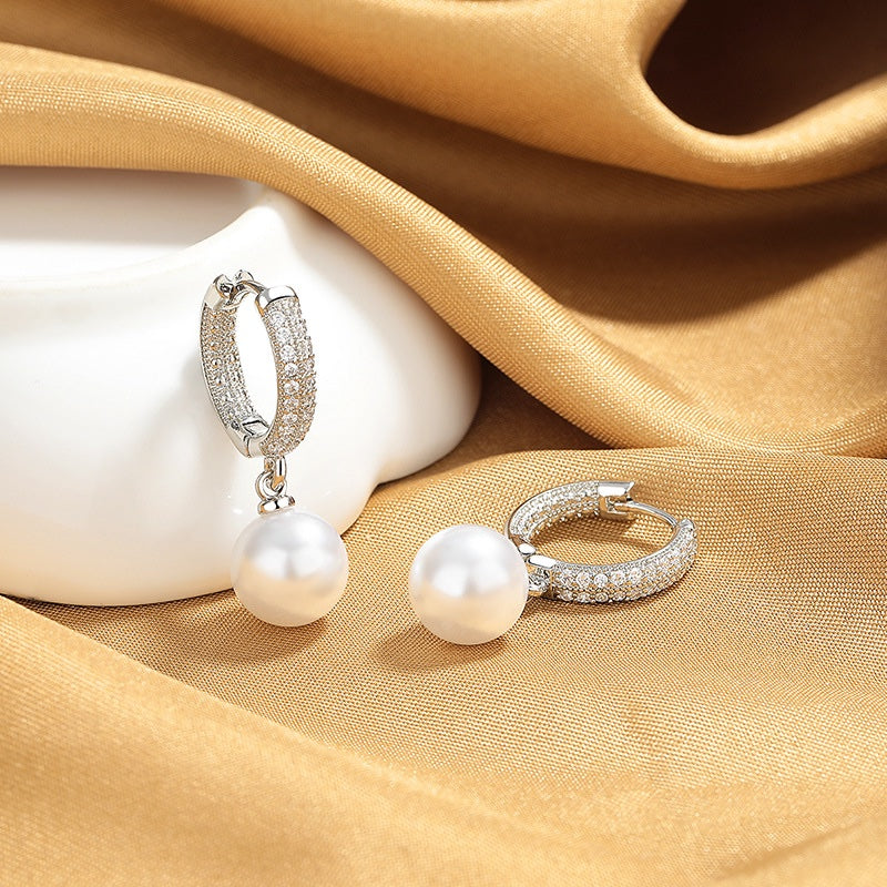 Crystal Pearl Hoop Earrings – Pavé Hoop Drop Earrings with Pearl Dangle