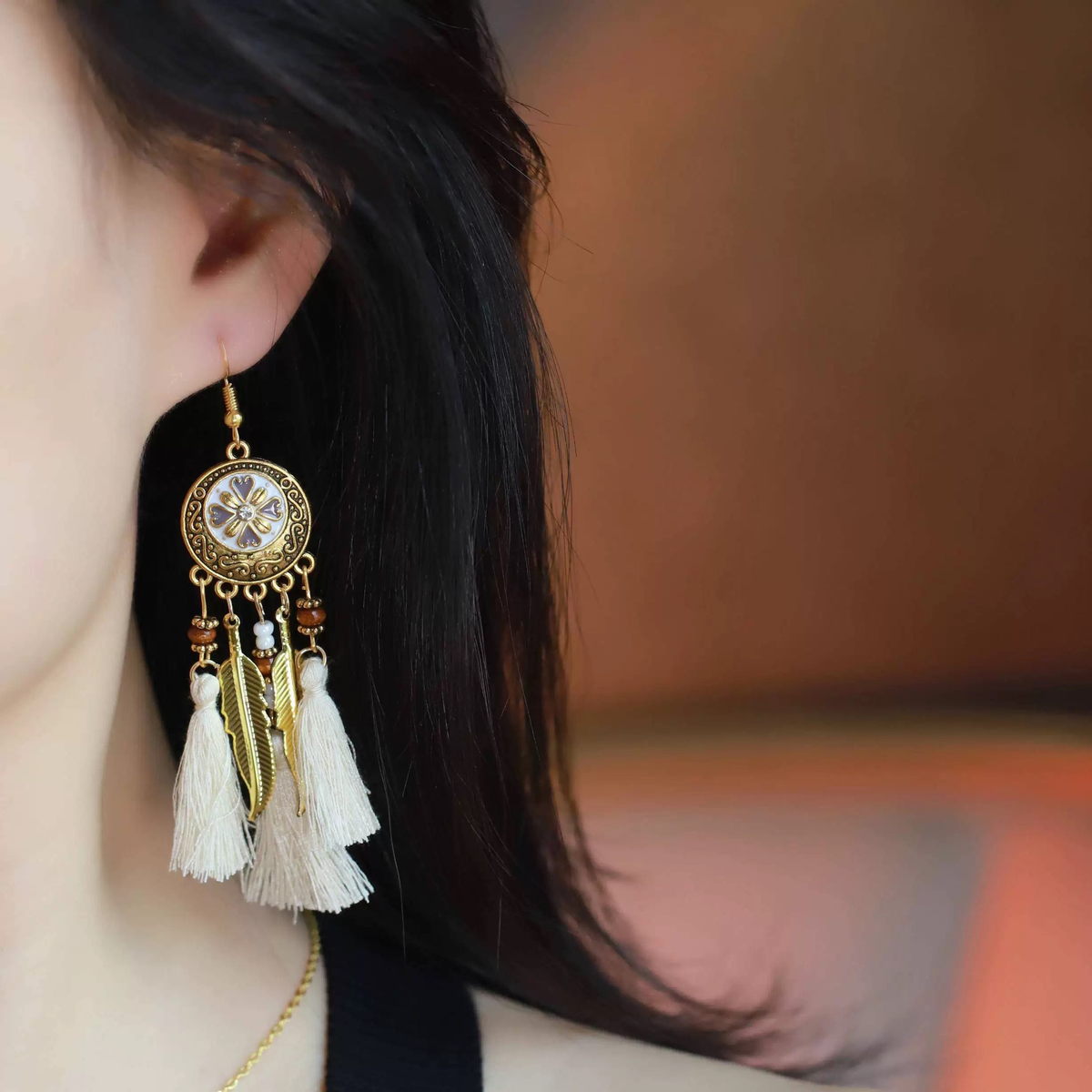 Vintage Bronze Medallion Tassel Earrings – Shell & Bead Drop Earrings