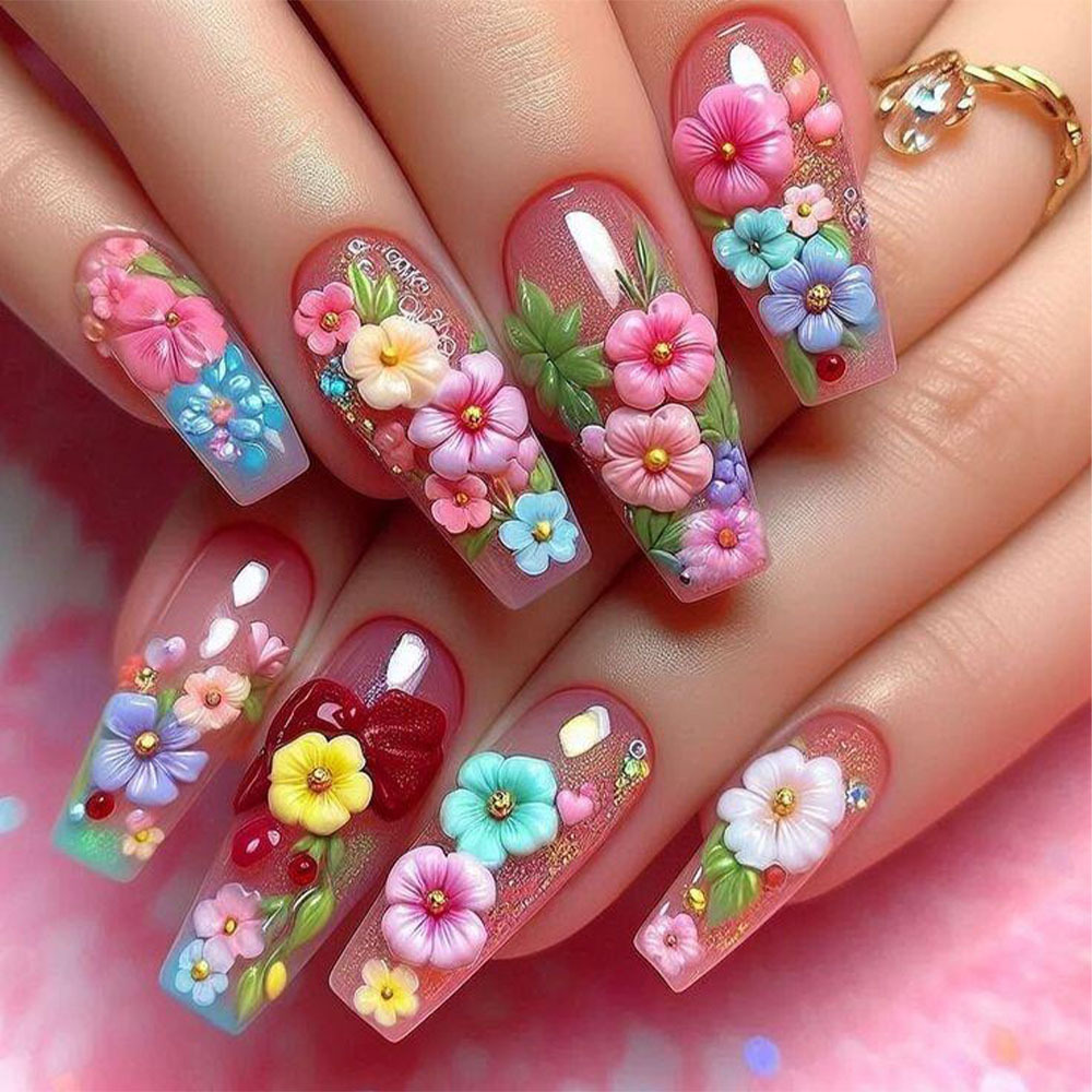 3D Flower Press-On Nails – Hand-Painted Floral Long Coffin Set, 24Pcs Sweet Summer Fake Nails