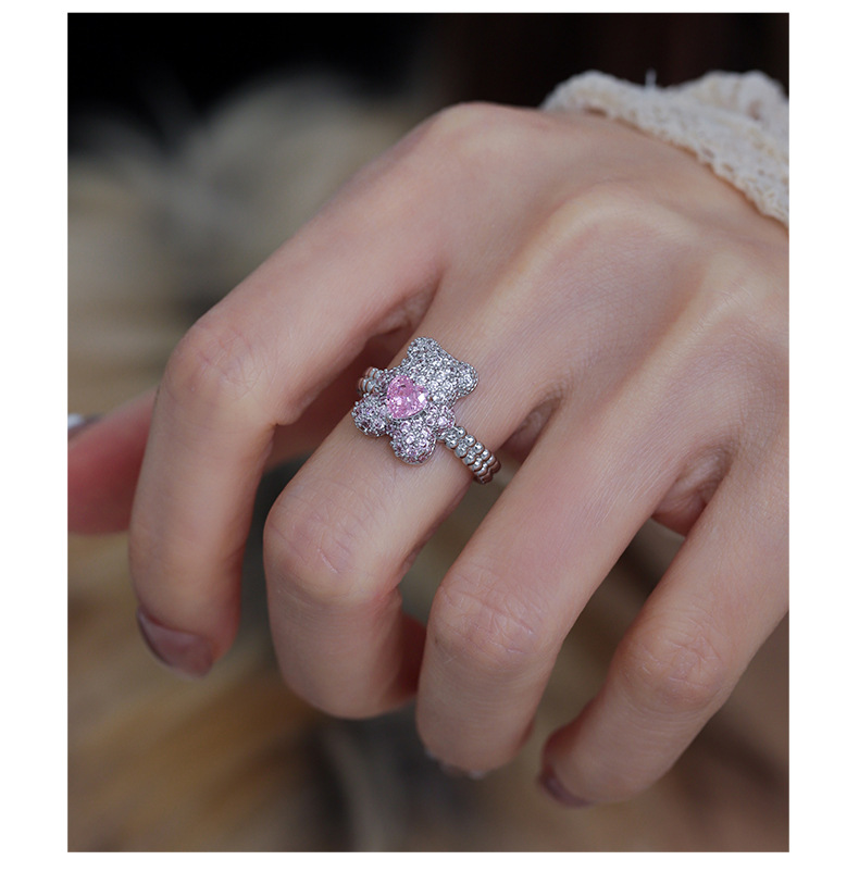 Teddy Bear Heart Ring – Cute Pink Enamel & Zircon Animal Ring