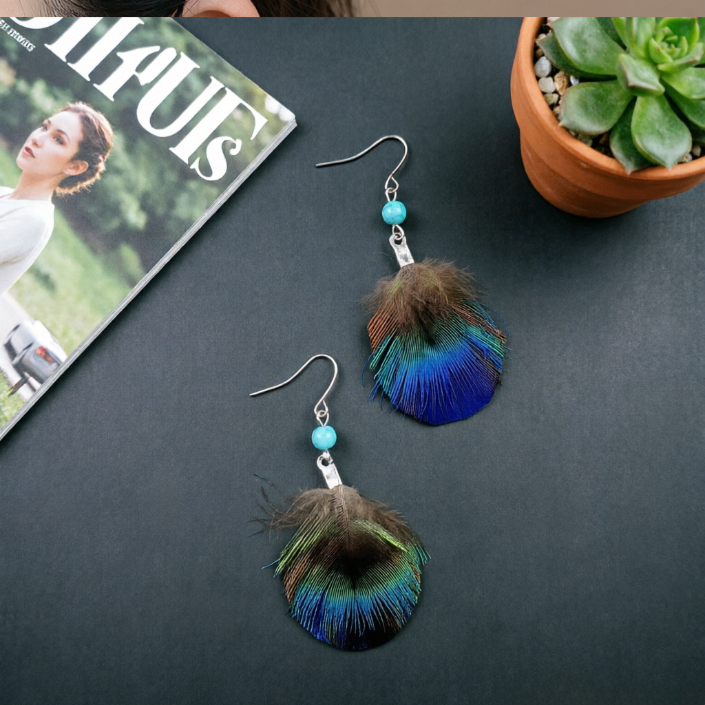 Peacock Feather Fan Earrings – Boho Drop Earrings with Turquoise Bead