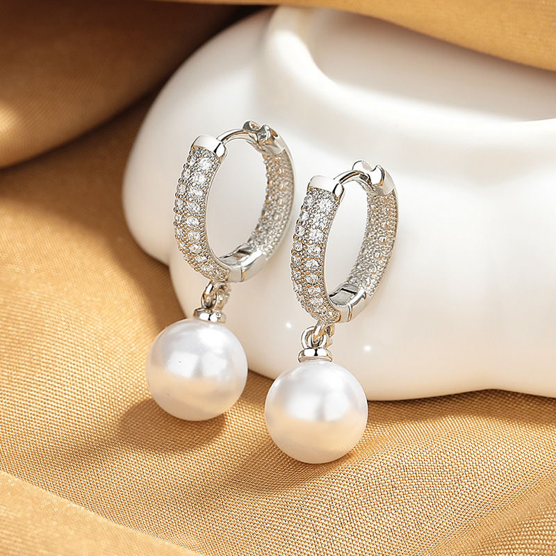 Crystal Pearl Hoop Earrings – Pavé Hoop Drop Earrings with Pearl Dangle