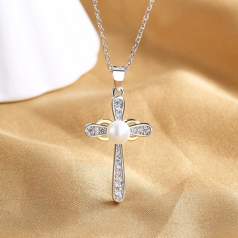 Pearl Cross Necklace – S925 Silver Freshwater Pearl Pendant with Chain