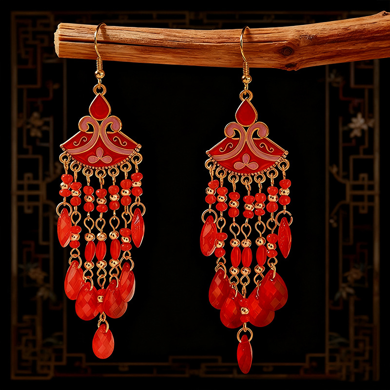Bohemian Beaded Fringe Earrings – Enamel Fan Drop Earrings in 7 Colors