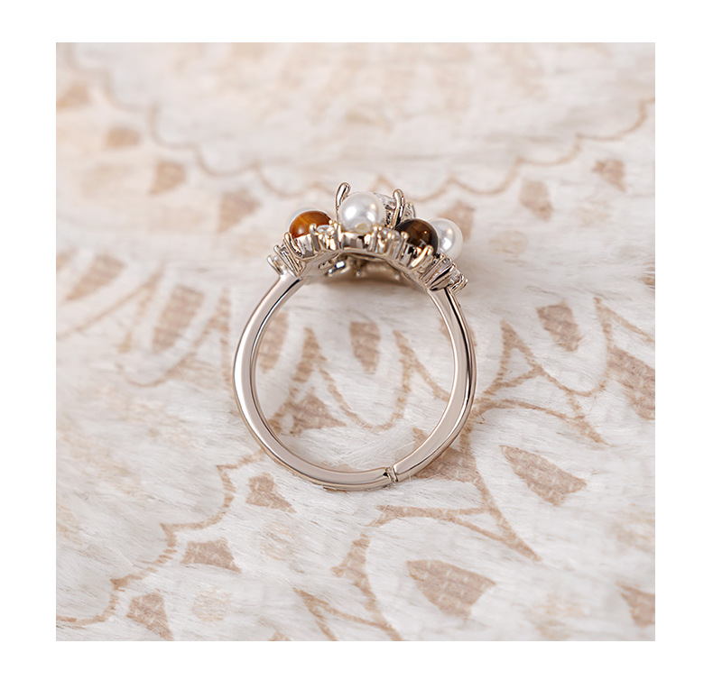 Tiger's Eye Flower Cluster Ring – Antique Bronze Pearl & Zircon Ring