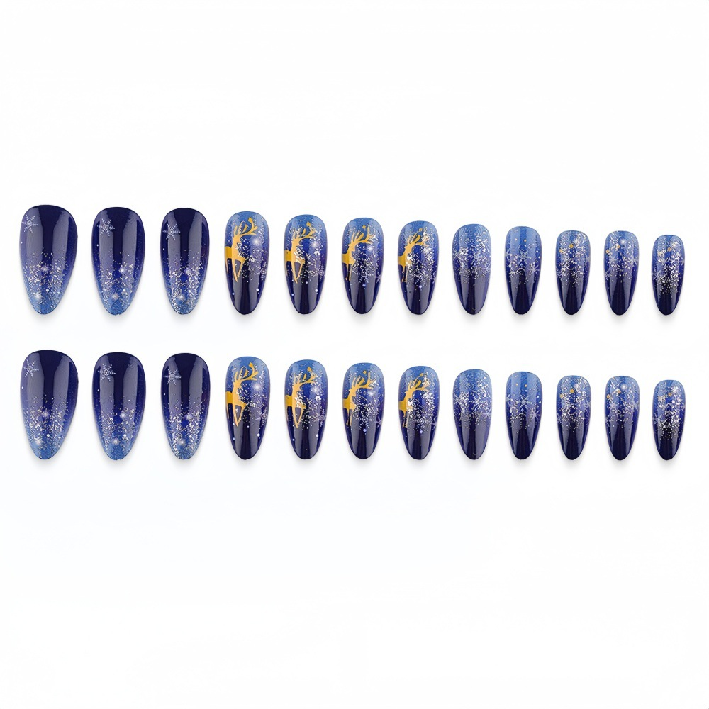Christmas Reindeer Press-On Nails – Starry Night Blue Gradient Almond Set