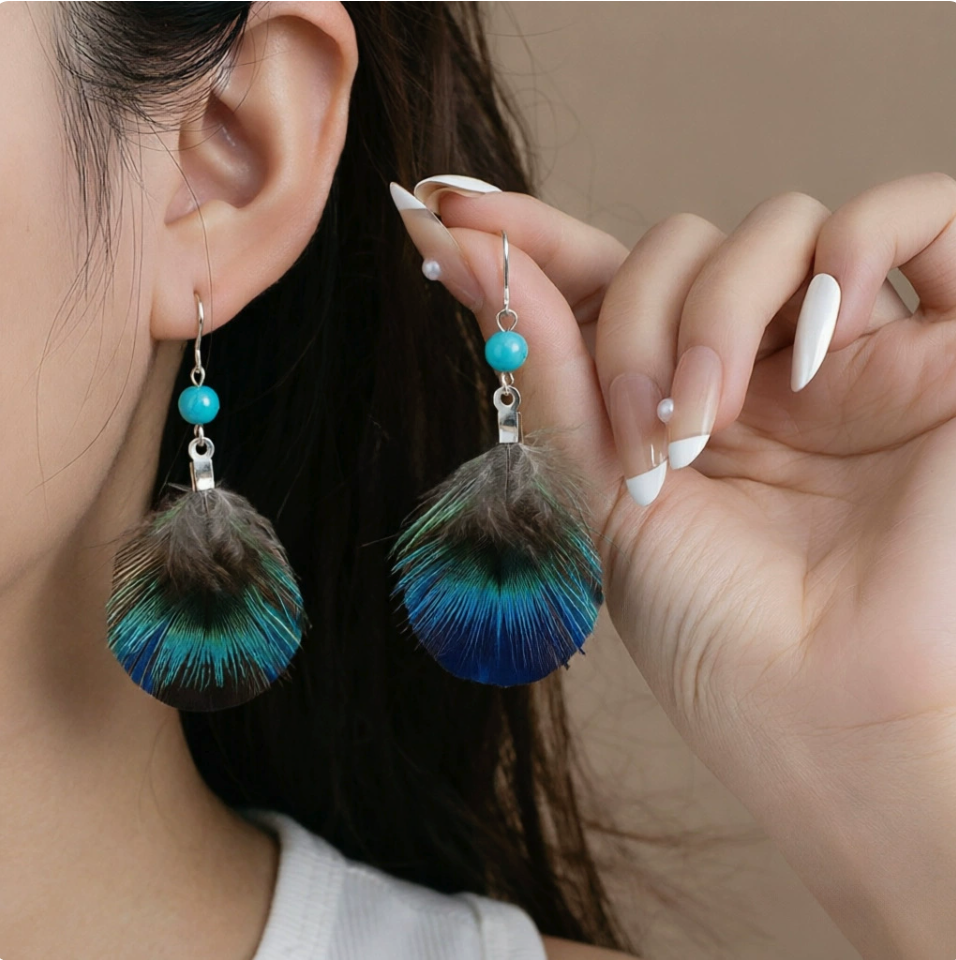 Peacock Feather Fan Earrings – Boho Drop Earrings with Turquoise Bead