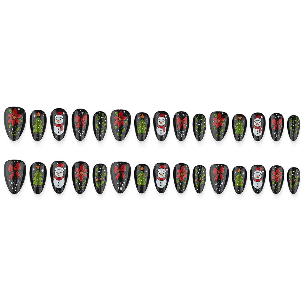 Vintage Christmas Press-On Nails – Snowman, Red Bow & Poinsettia, 30Pcs Black Almond Fake Nails