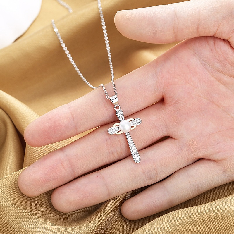 Pearl Cross Necklace – S925 Silver Freshwater Pearl Pendant with Chain
