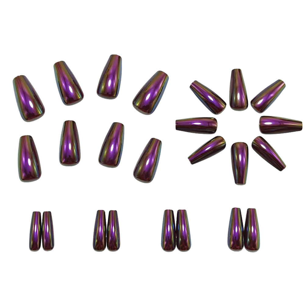 Aurora Chrome Press-On Nails – Purple Flash Long Coffin Set, 24Pcs Ballerina Fake Nails
