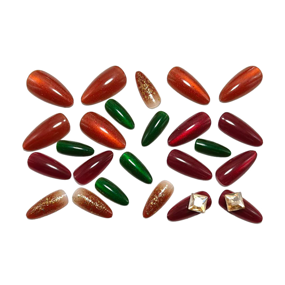 Cat-Eye Gemstone Press-On Nails – Sweet Red Green Almond Set, 24Pcs Crystal Accent Fake Nails