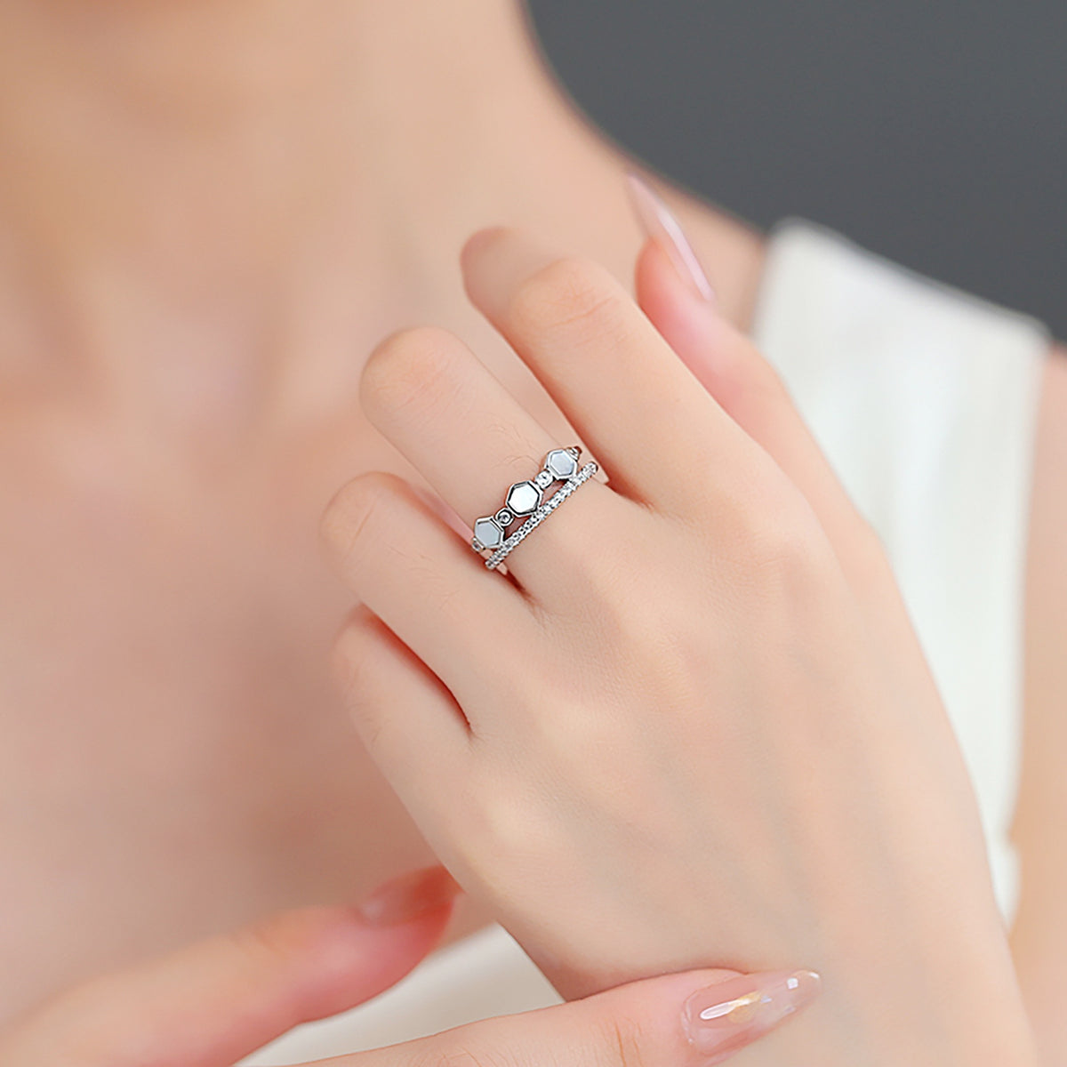 Hexagon Mother-of-Pearl Ring – Adjustable Open Ring