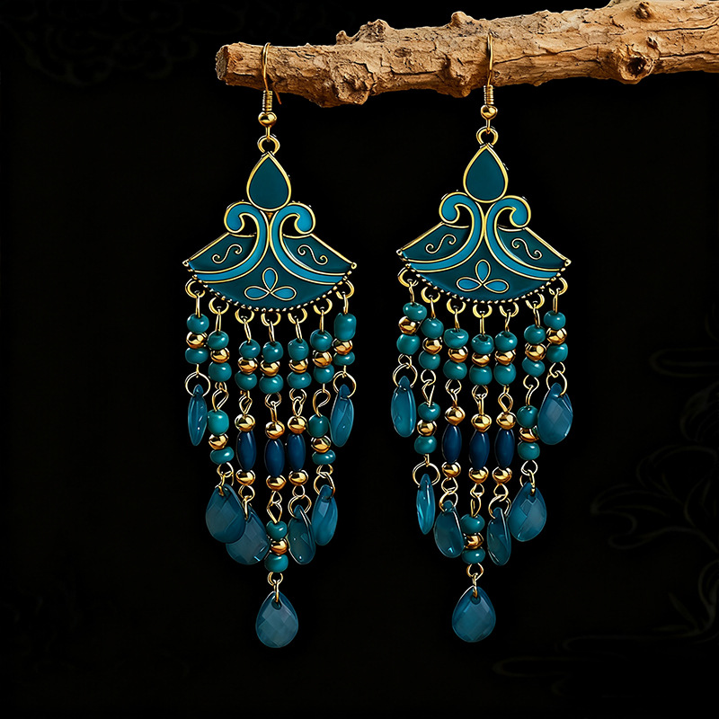 Bohemian Beaded Fringe Earrings – Enamel Fan Drop Earrings in 7 Colors