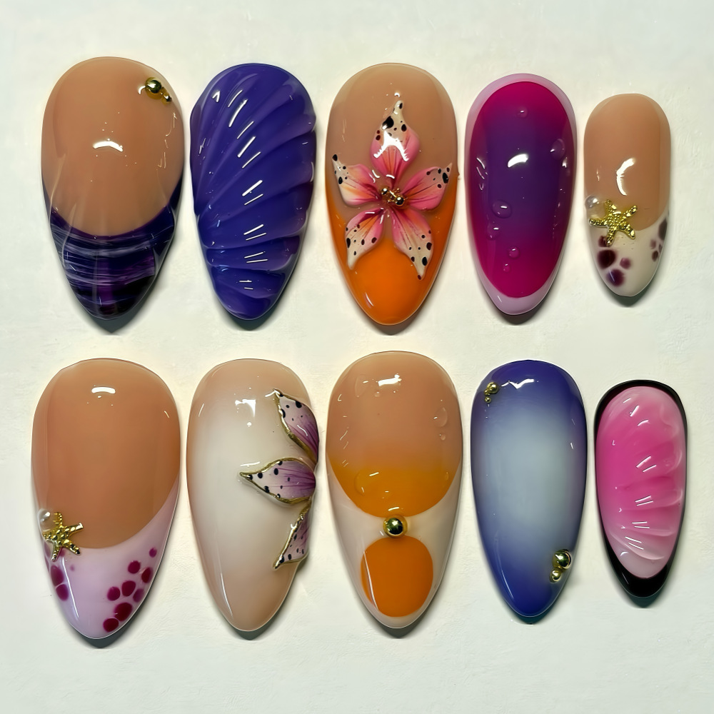 3D Floral Press-On Nails – Retro French Shell Texture Long Almond Ombre Set