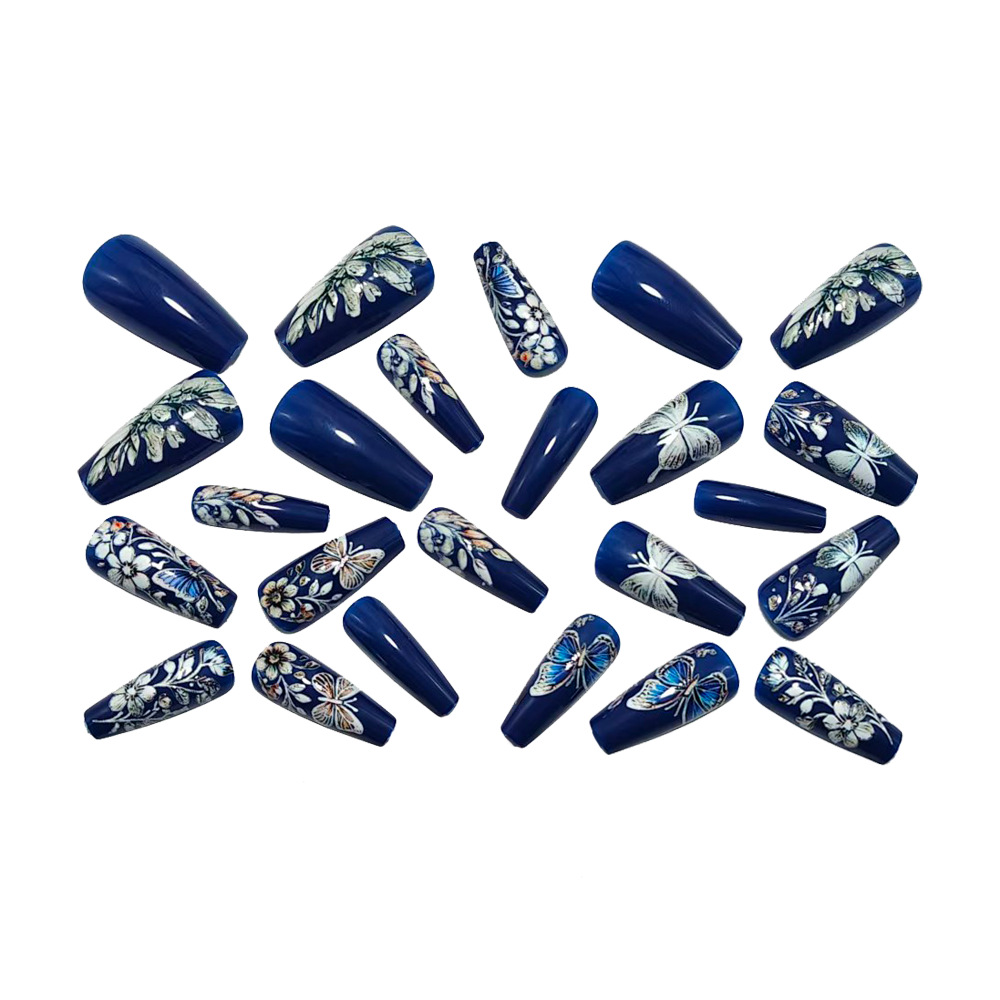 Silver Butterfly Press-On Nails – Blue Floral Mid-Long Coffin Set, 24Pcs Fake Nails