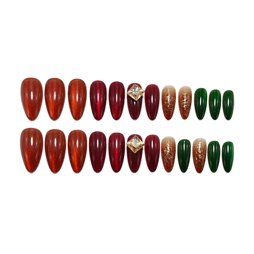 Cat-Eye Gemstone Press-On Nails – Sweet Red Green Almond Set, 24Pcs Crystal Accent Fake Nails