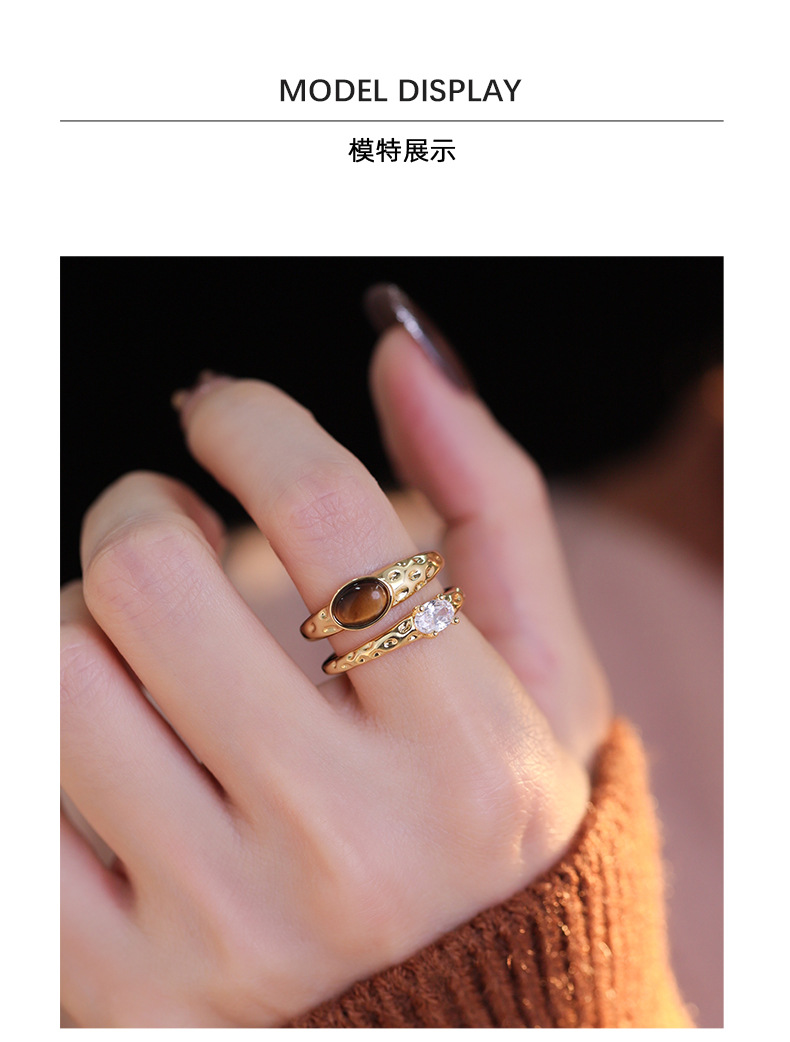 Tiger's Eye Double Wrap Ring – Hammered Gold Bypass Ring with Zircon