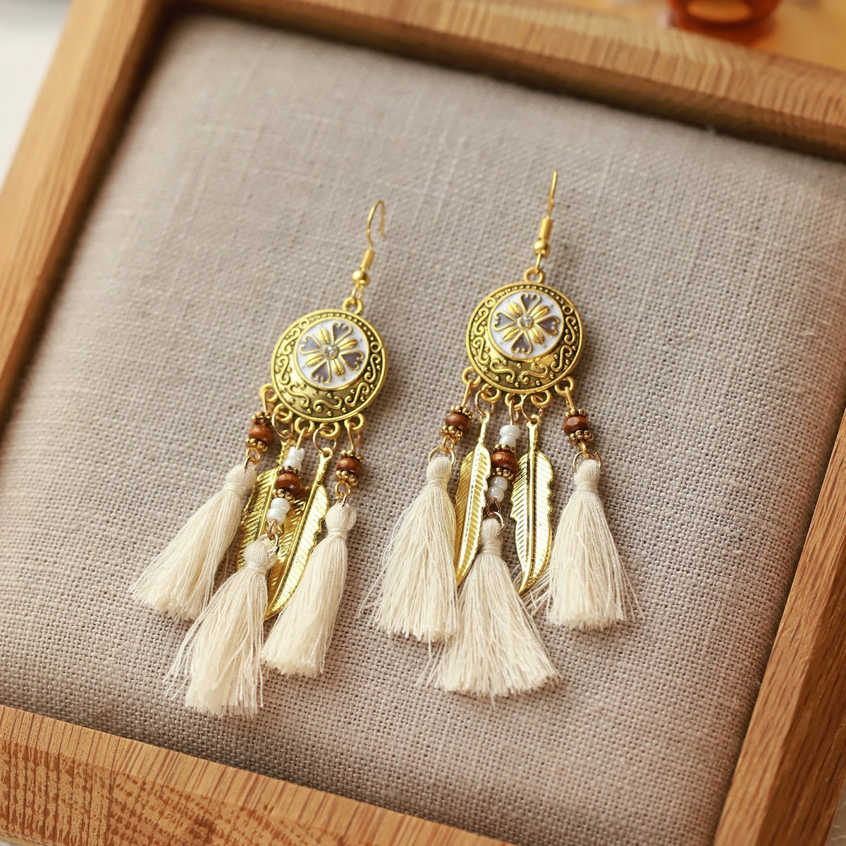 Bohemian Gold Medallion Tassel Earrings – Feather Charm Drop Earrings