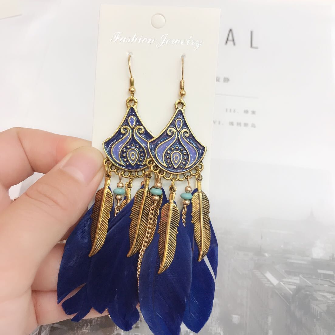 Bohemian Feather Earrings – Gold-Tone Enamel Chandelier Drop Earrings
