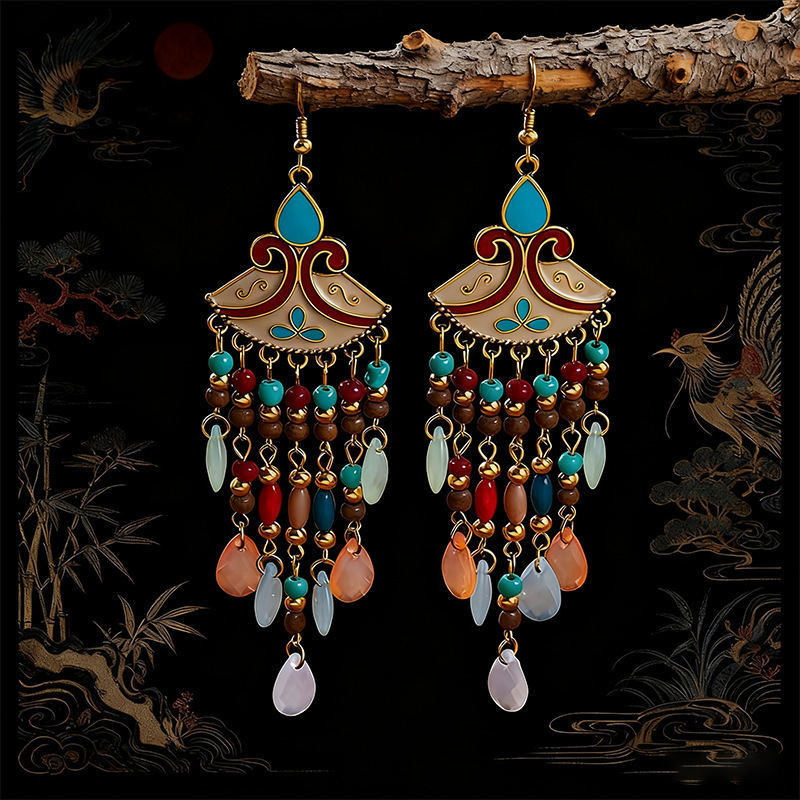 Bohemian Beaded Fringe Earrings – Enamel Fan Drop Earrings in 7 Colors