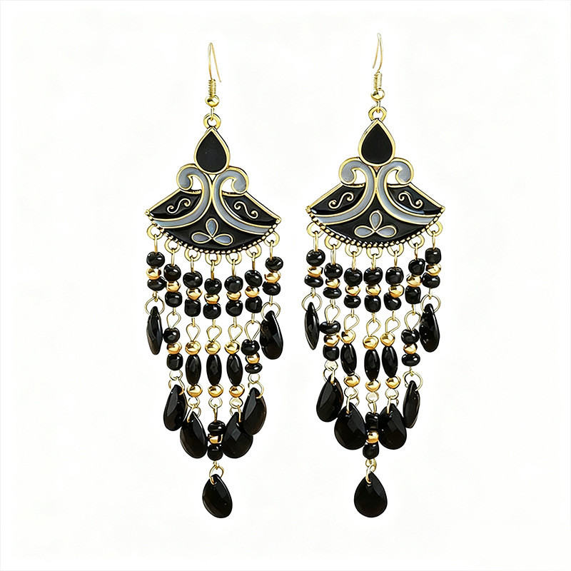 Bohemian Beaded Fringe Earrings – Enamel Fan Drop Earrings in 7 Colors