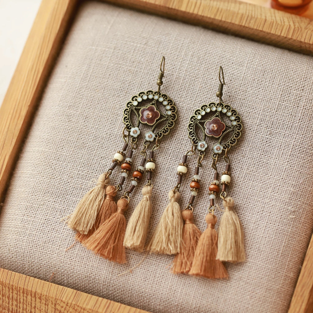 Vintage Bronze Medallion Tassel Earrings – Shell & Bead Drop Earrings