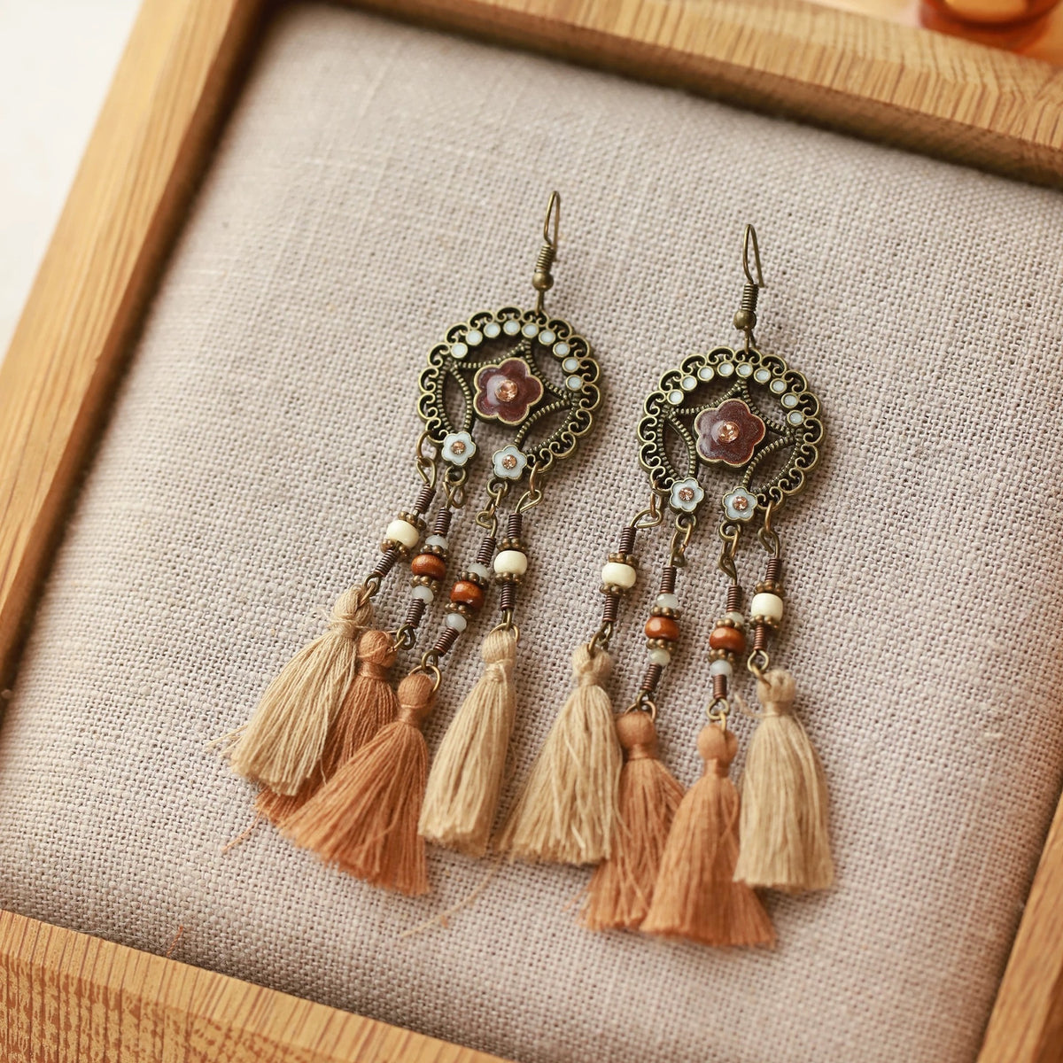 Vintage Bronze Medallion Tassel Earrings – Shell & Bead Drop Earrings