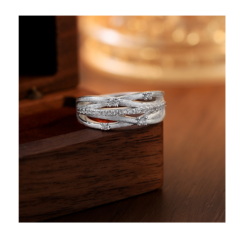 Silver Wide Band Ring – Multi-Layer Crisscross Zircon Ring