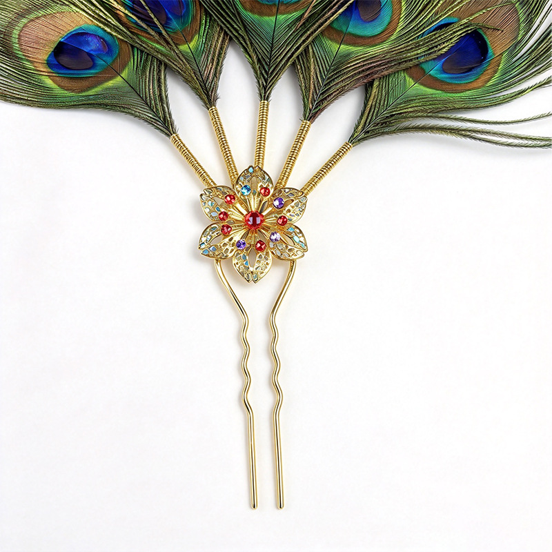 Peacock Feather Hair Pin – Gold Flower Feather Hair Fork
