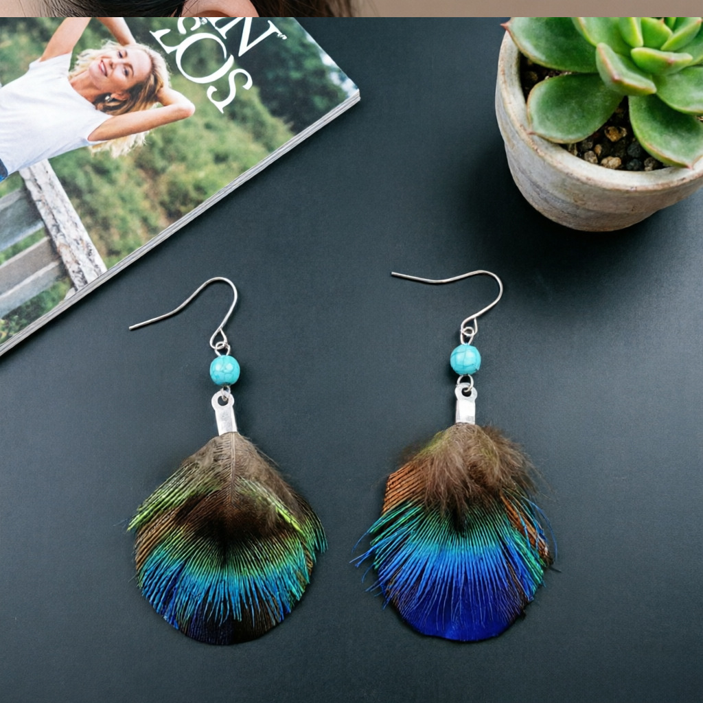 Peacock Feather Fan Earrings – Boho Drop Earrings with Turquoise Bead