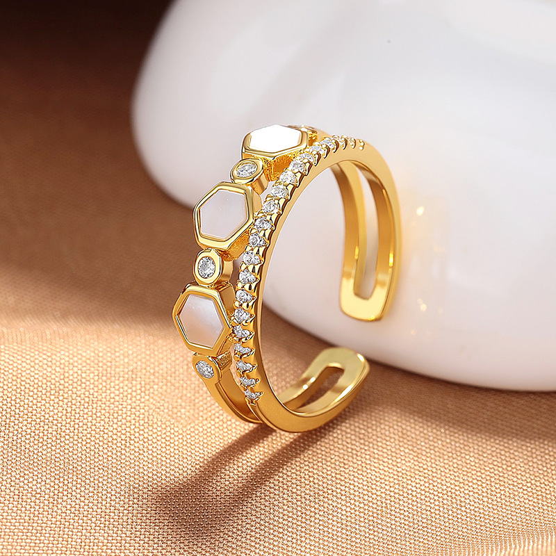 Hexagon Mother-of-Pearl Ring – Adjustable Open Ring