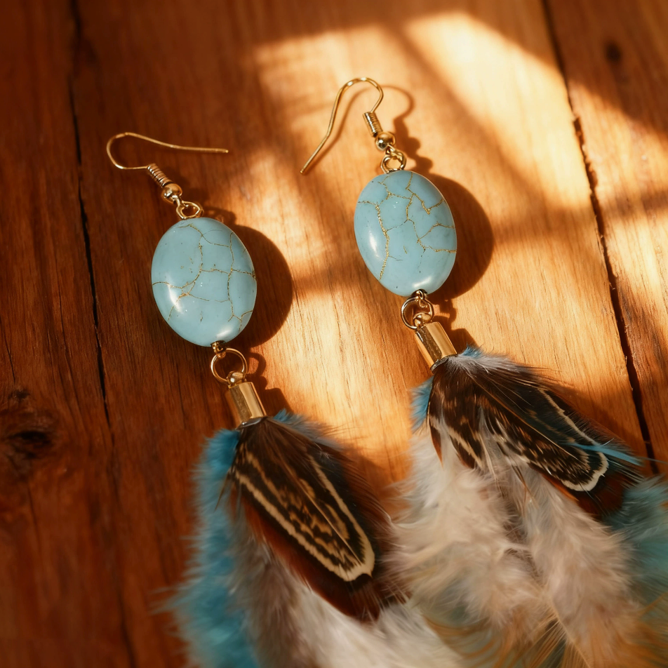 Textured Stone Feather Earrings – Boho Drop Earrings in Black & Lake Blue