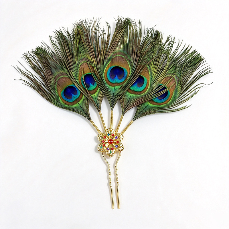 Peacock Feather Hair Pin – Gold Flower Feather Hair Fork