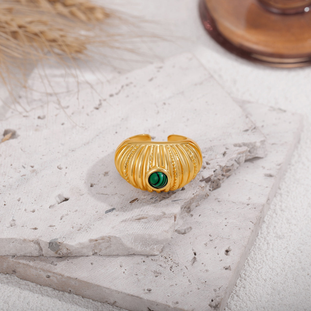 Vintage Malachite Dome Ring – Chunky Gold Ribbed Statement Ring