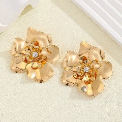Gold Flower Stud Earrings – Crystal & Pearl Floral Statement Studs