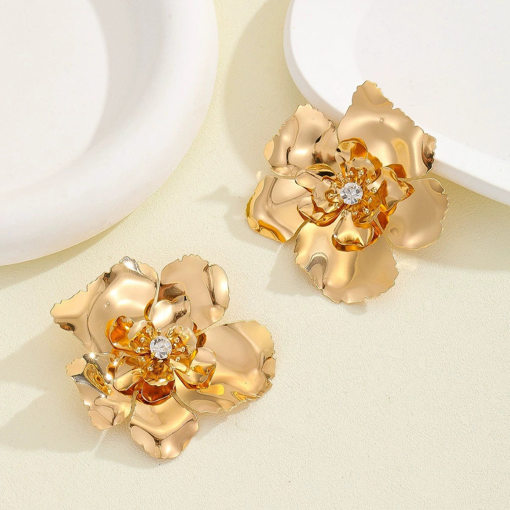Gold Flower Stud Earrings – Crystal & Pearl Floral Statement Studs