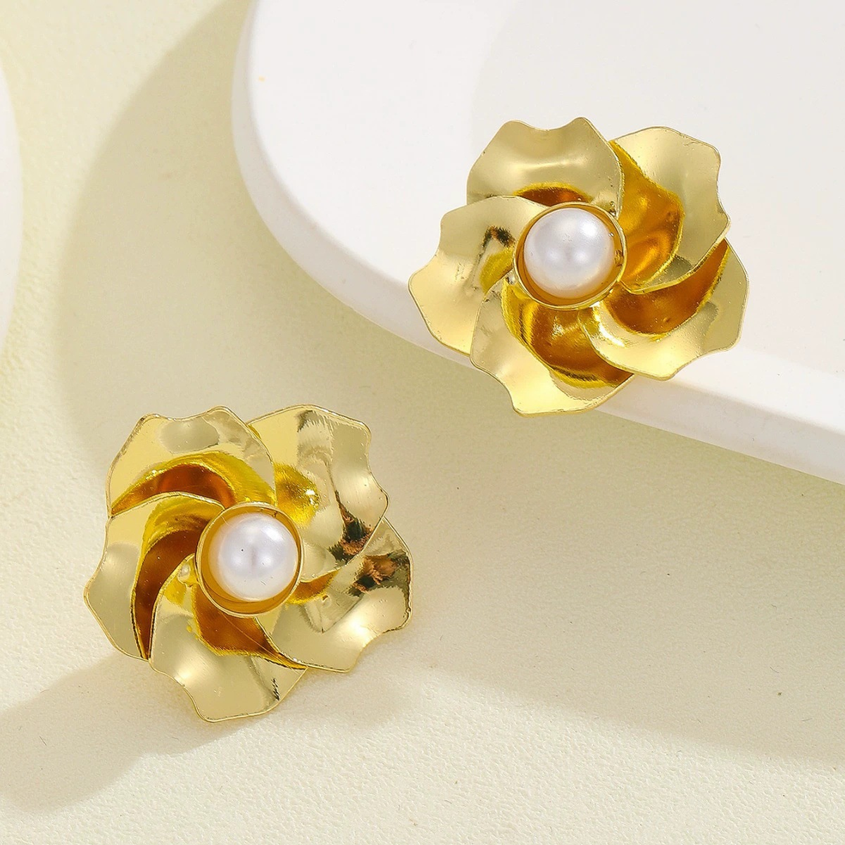 Gold Flower Stud Earrings – Crystal & Pearl Floral Statement Studs