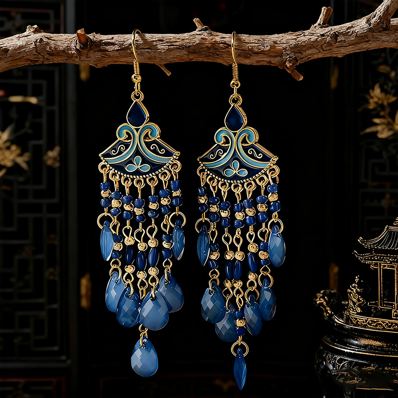 Bohemian Beaded Fringe Earrings – Enamel Fan Drop Earrings in 7 Colors