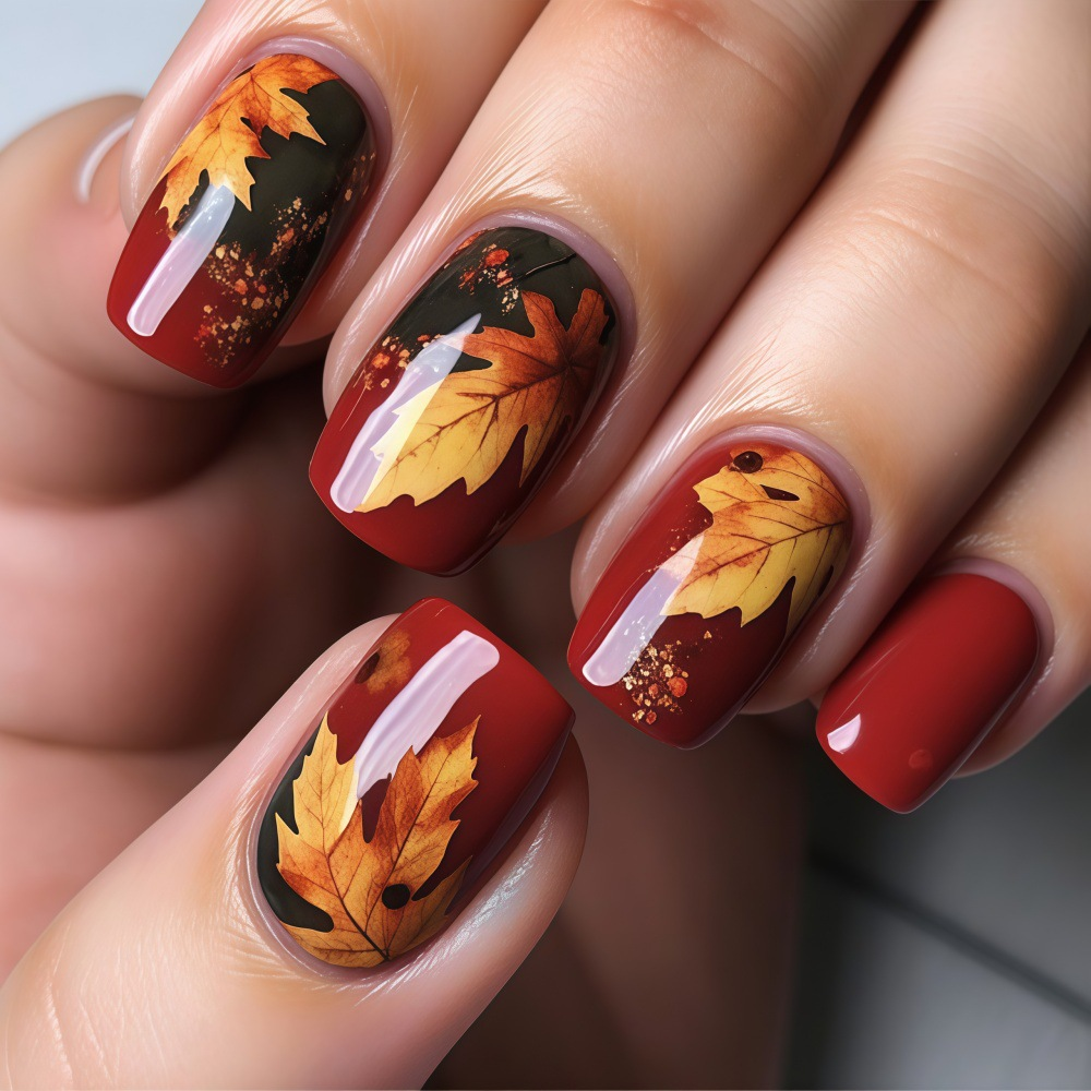 Autumn Maple Leaf Press-On Nails – Red Brown Gradient Short Square Set