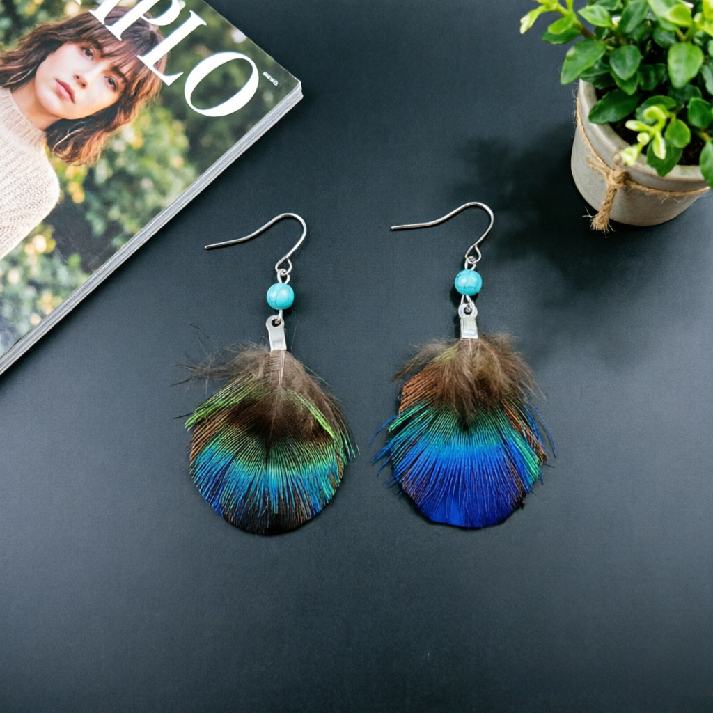 Peacock Feather Fan Earrings – Boho Drop Earrings with Turquoise Bead