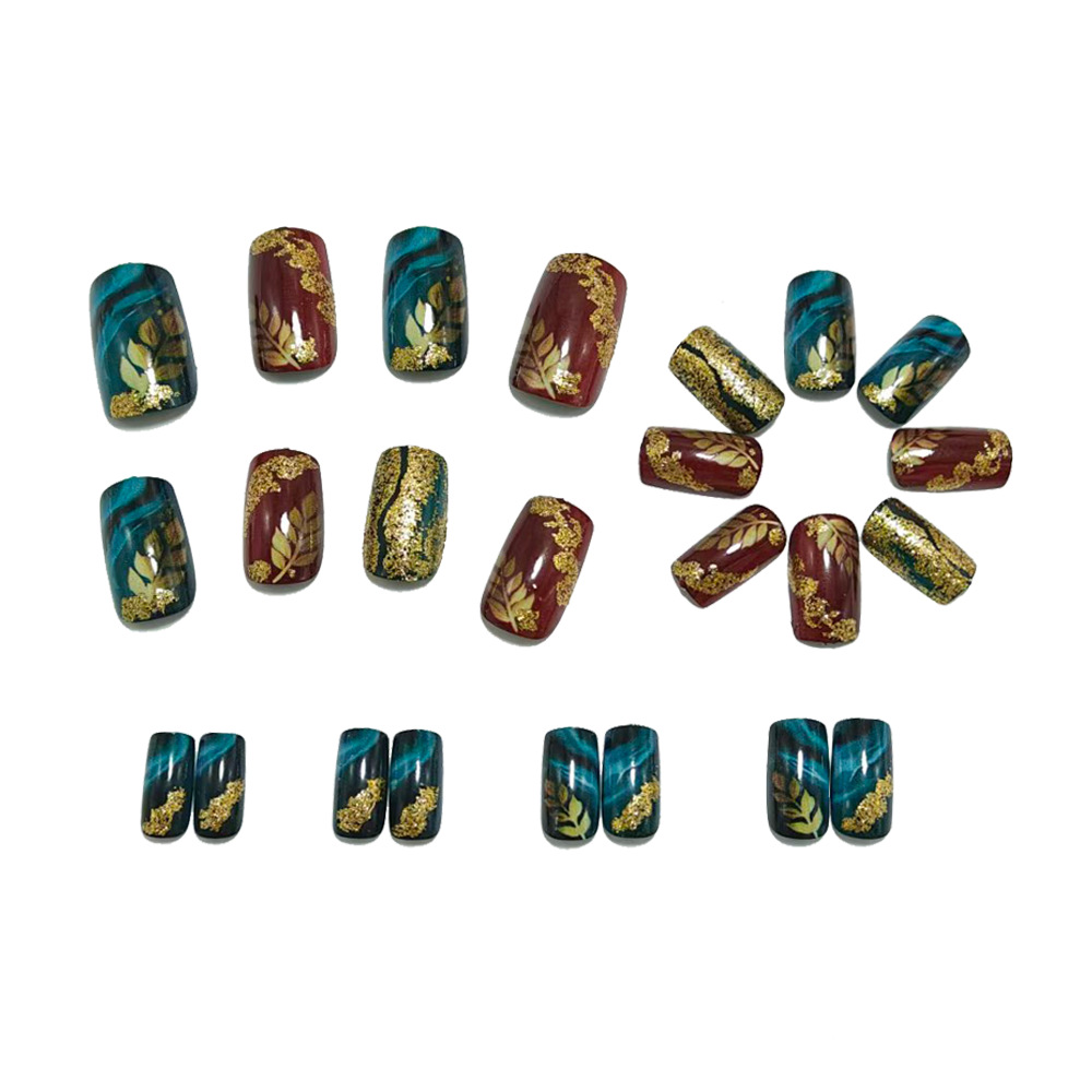 Vintage Gold Leaf Press-On Nails – Green Burgundy Marble Set, 24Pcs Square Fake Nails