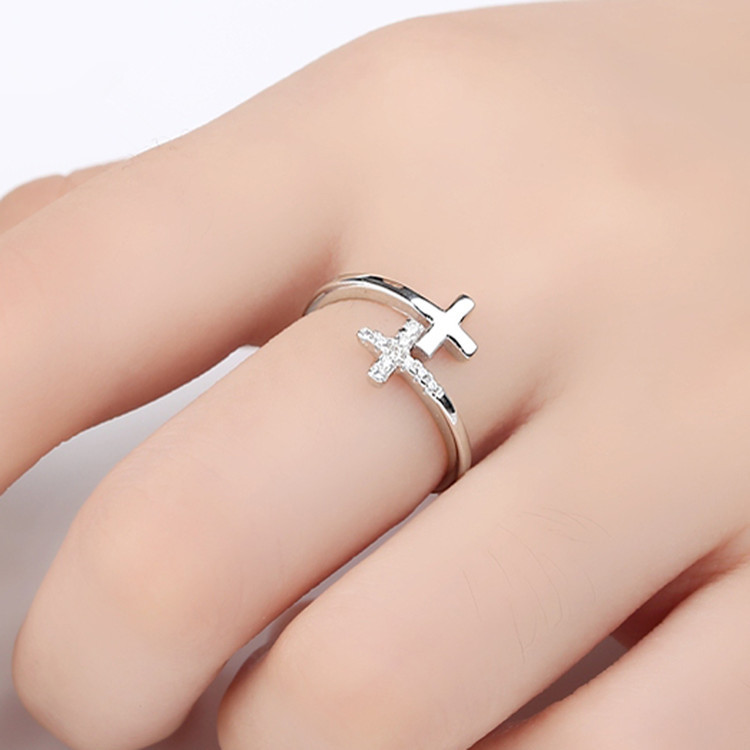 Double Cross Ring – Adjustable Crystal Cross Open Ring