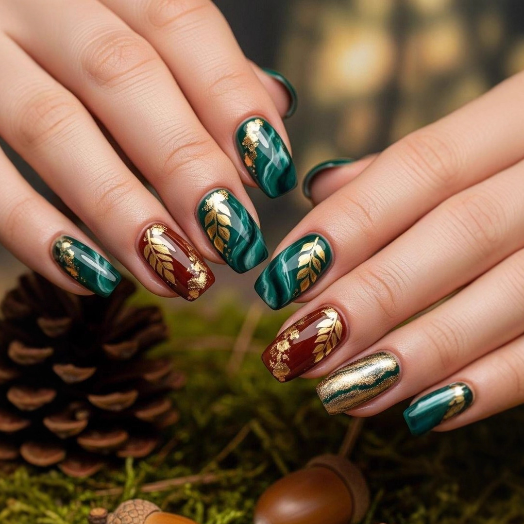 Vintage Gold Leaf Press-On Nails – Green Burgundy Marble Set, 24Pcs Square Fake Nails