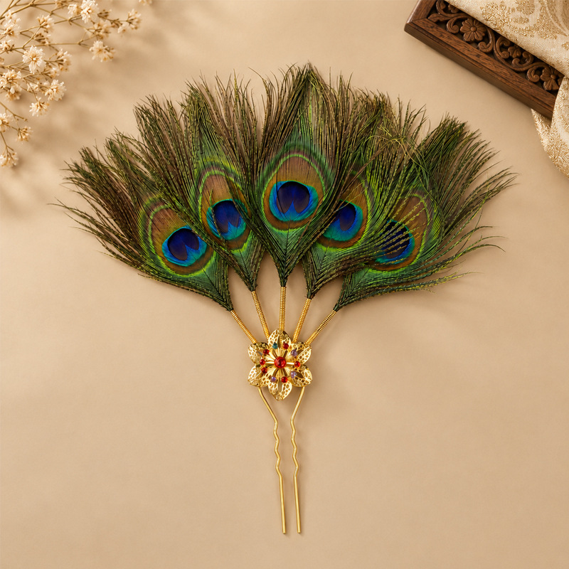 Peacock Feather Hair Pin – Gold Flower Feather Hair Fork