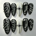 Black Cat-Eye Press-On Nails – 3D Silver Swirl Long Almond Set
