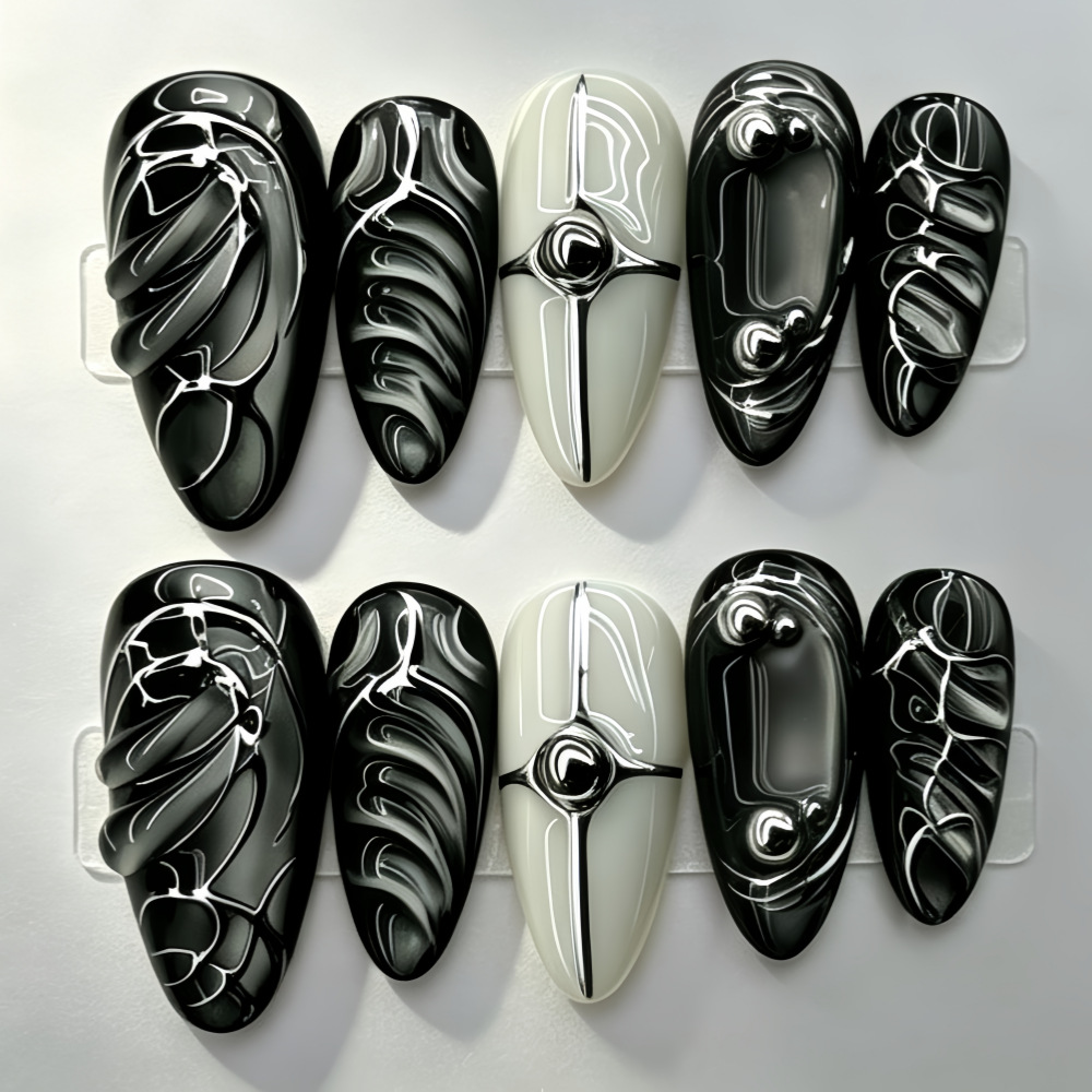 Black Cat-Eye Press-On Nails – 3D Silver Swirl Long Almond Set