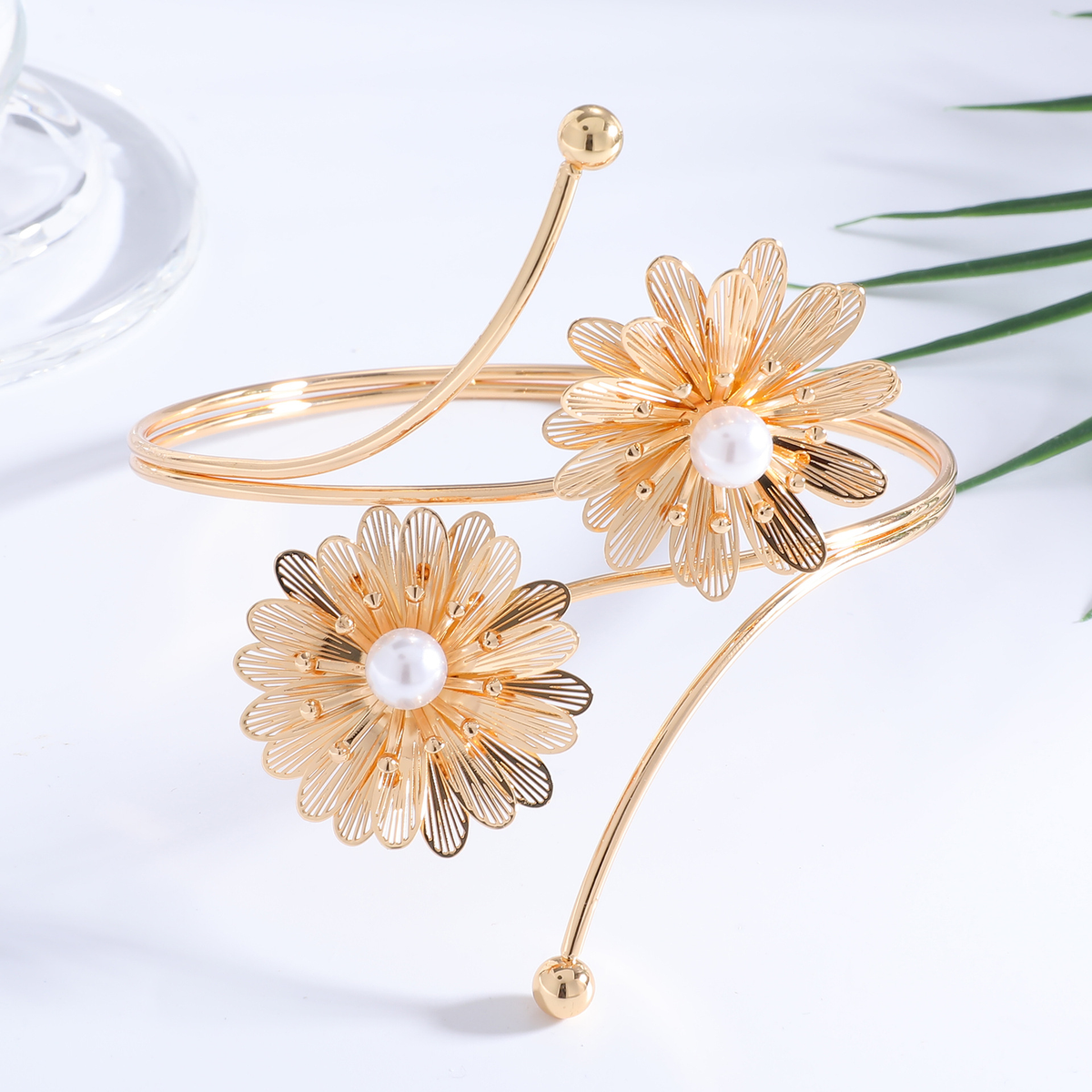 Flower Pearl Cuff Bracelet – Gold Open Bangle with Daisy Blossoms