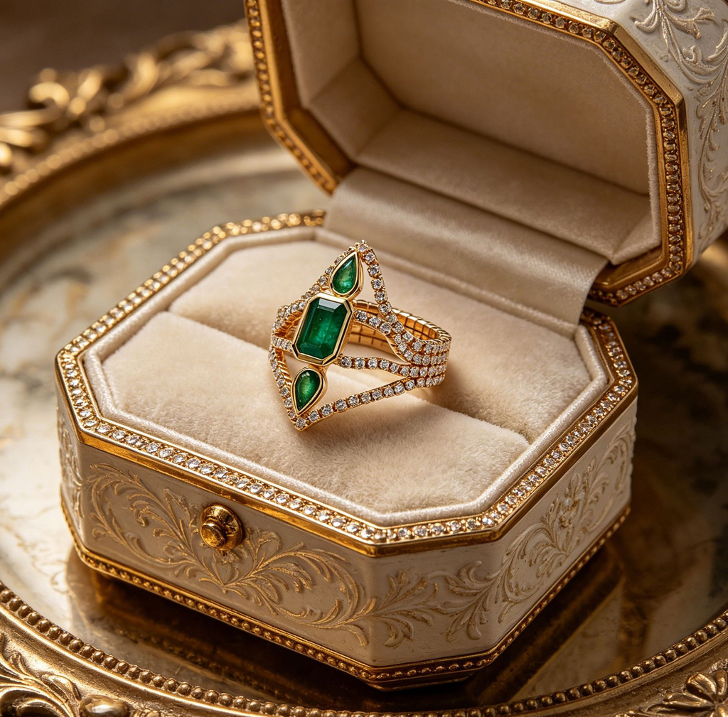 Emerald Green Zircon Ring – Vintage Gold V-Band Statement Ring