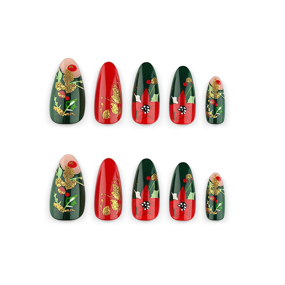 Classic Christmas Press-On Nails – Holly Berry & Gold Foil, 24Pcs Red Green Almond Fake Nails
