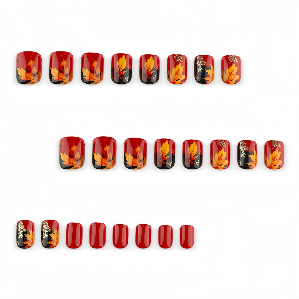 Autumn Maple Leaf Press-On Nails – Red Brown Gradient Short Square Set